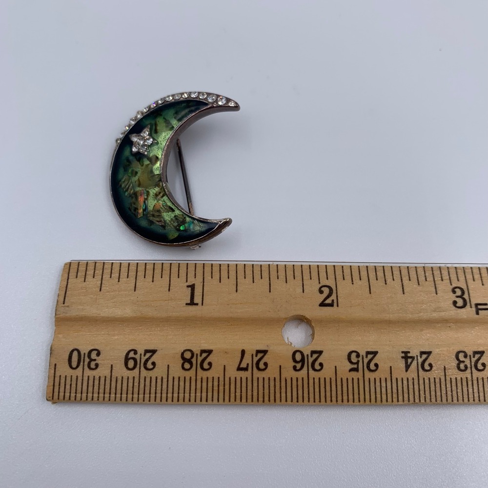 Crescent Moon Star Brooch Pin Rhinestone Green Foil Whimsical Celestial